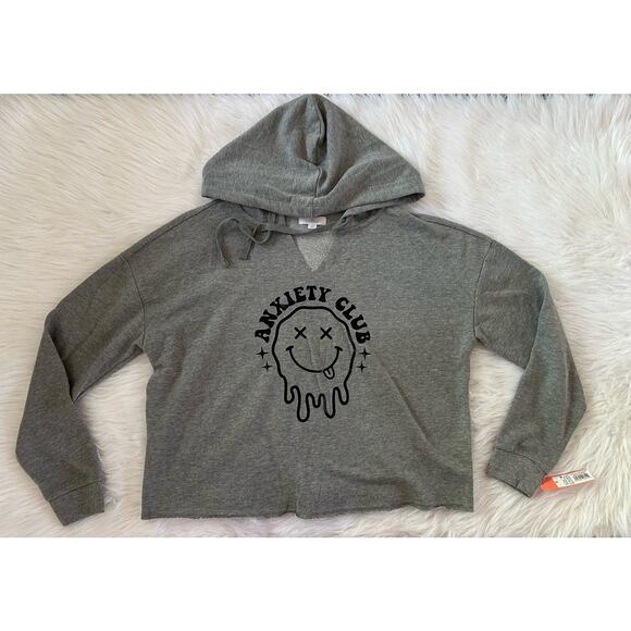 NWT Anxiety Club Dripping Smiley Face Gray Hooded Sweatshirt Oversized SZ Small - Picture 6 of 12